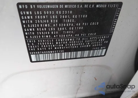 2022 Volkswagen Tiguan 2.0T Sel R-Line z USA, uszkodzony, nr VIN 3VV4B7AX0NM037135